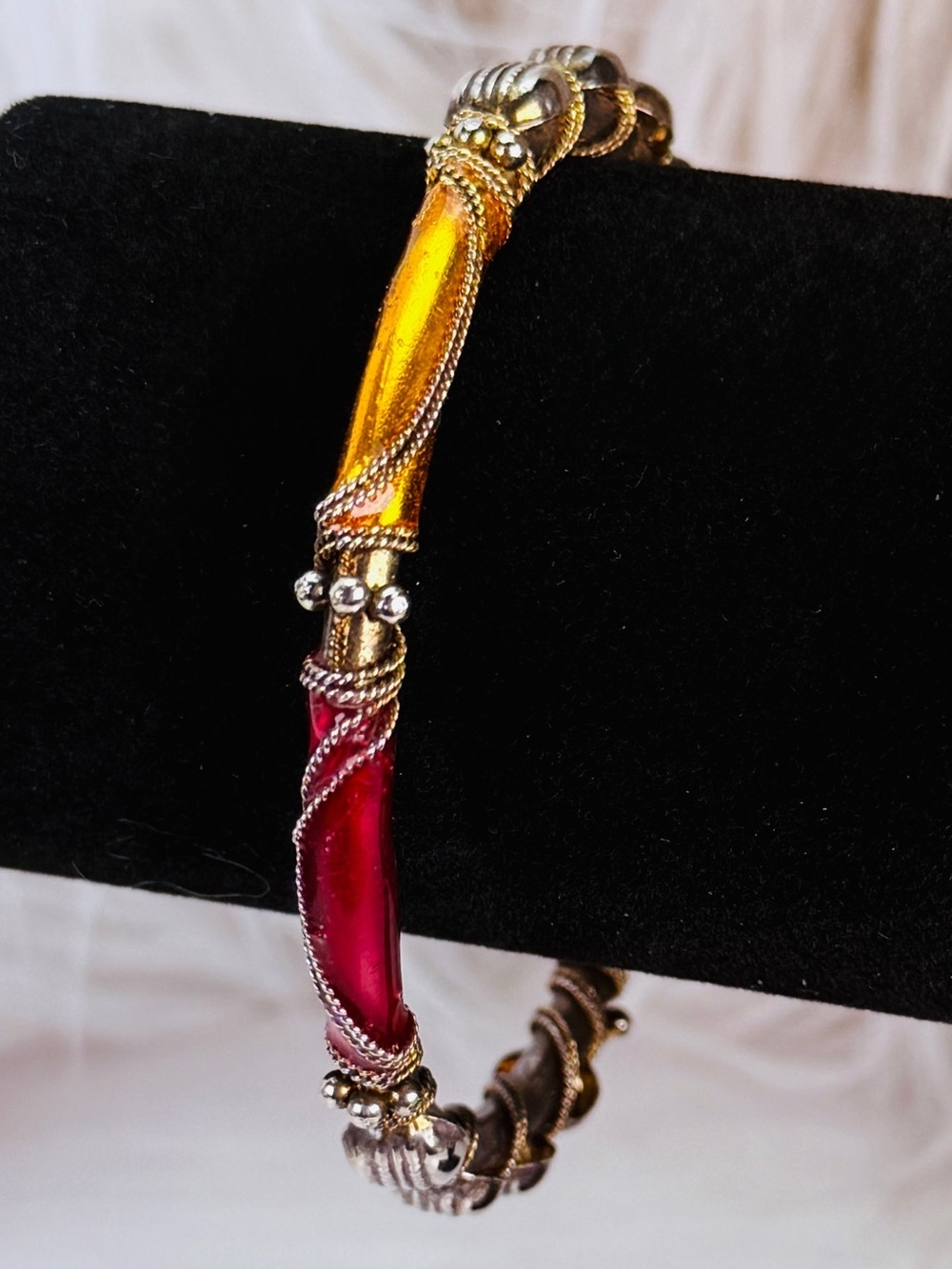 Vintage aged Goldtone and Red Bangle Bracelet